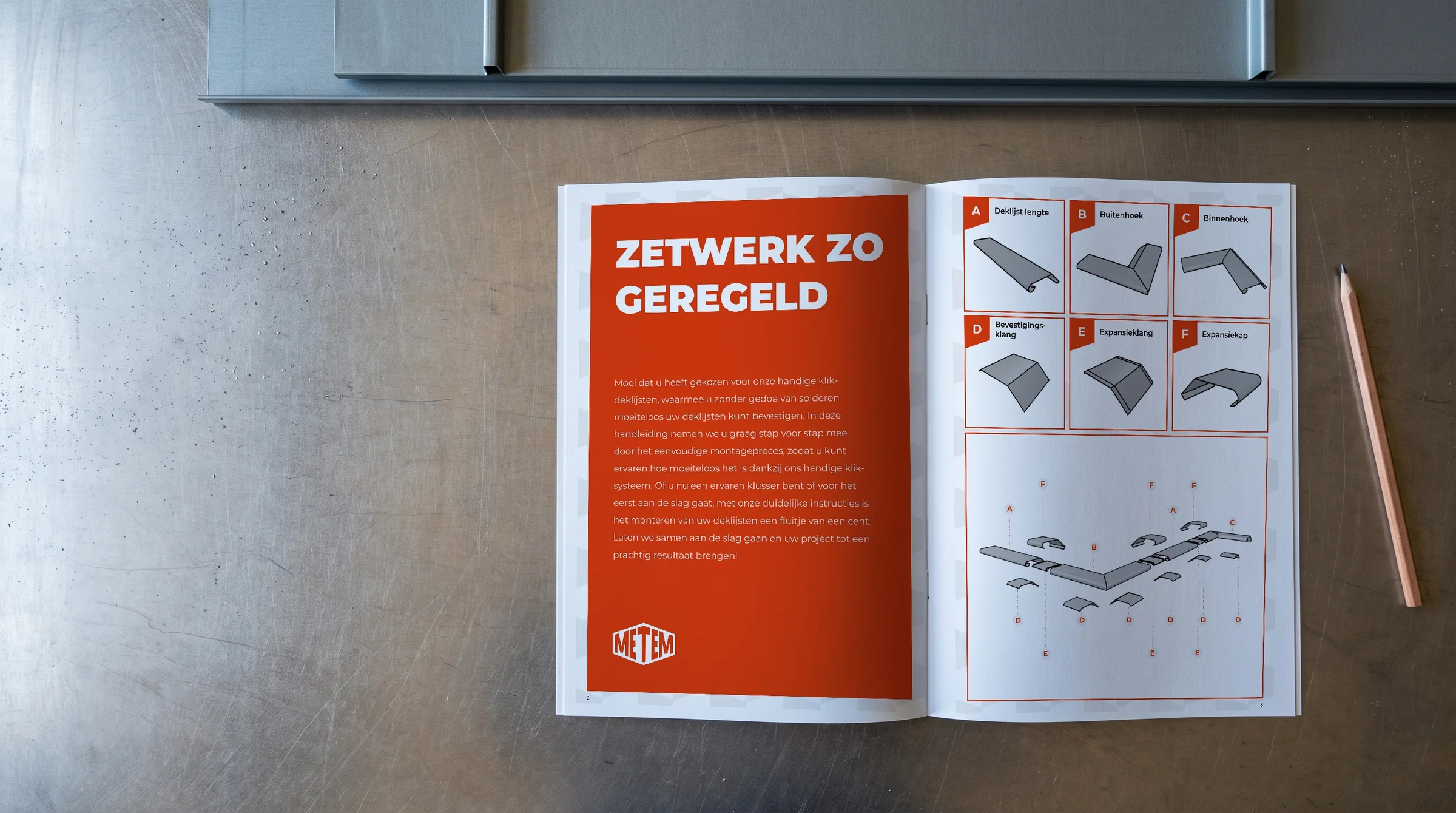 De montagehandleiding van Metem Zetwerk, opengeslagen