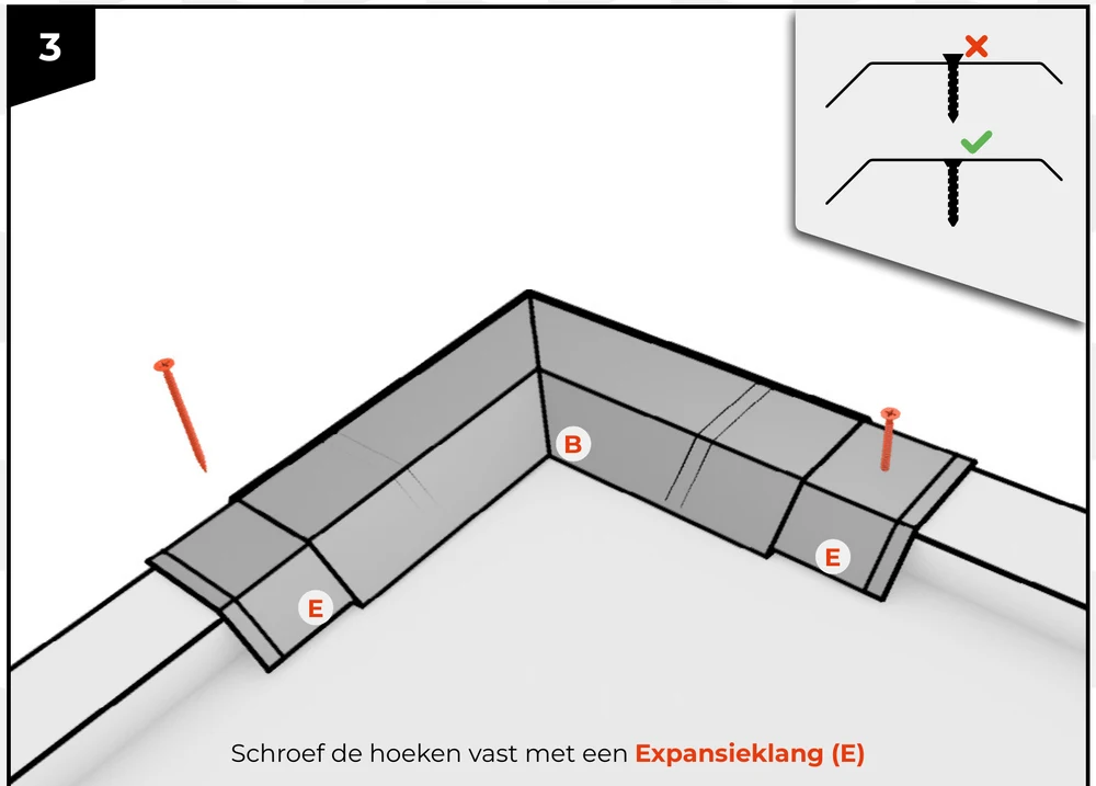 Rechtsboven de inzet met de schroefkop, fout boven, goed onder.