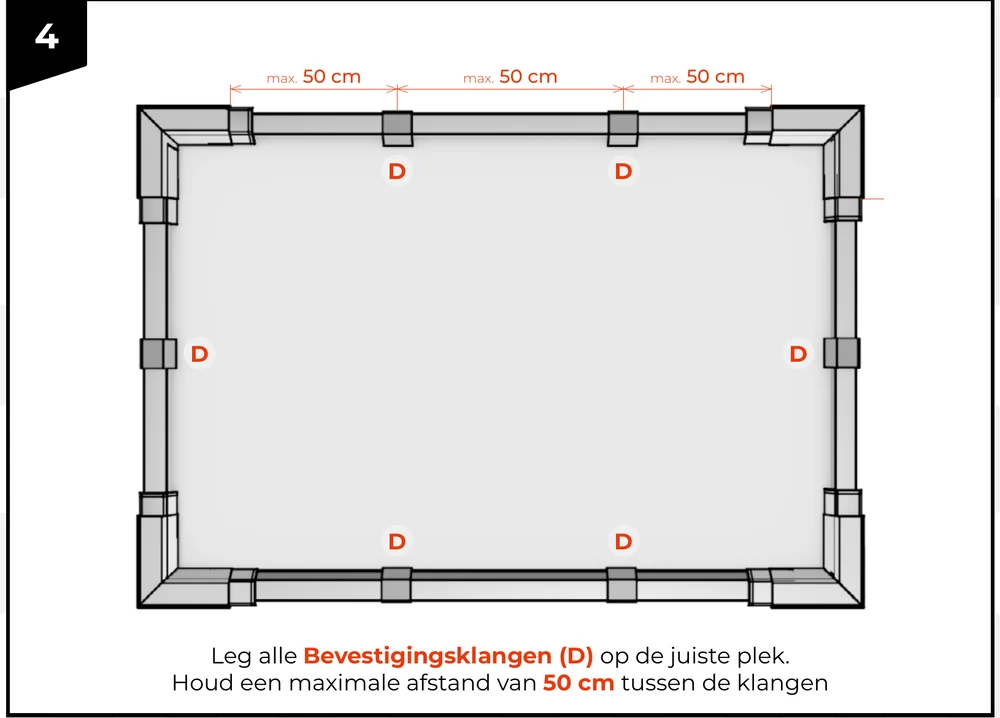 De maximale afstand tussen de bevestigingsklangen, vijftig centimeter, staat in het beeld zelf.