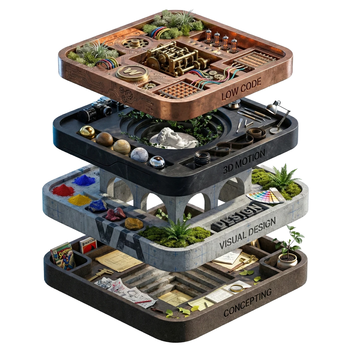 De Vormula-stack: concepting, visual design, 3D motion en low code als vier gestapelde lagen